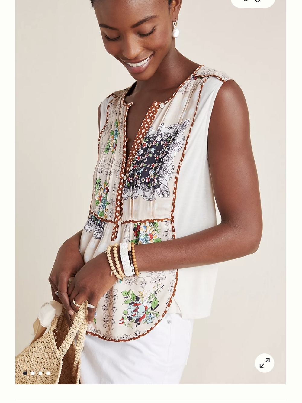 Anthropologie Tiny Cream Floral Patchwork Buttons Tank Top Size Large